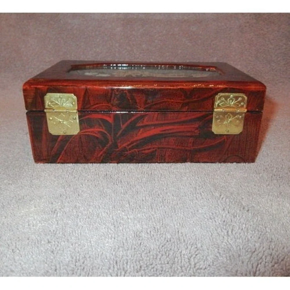 Vintage Wood Jewelry Box Asian Diorama Lacquered Cork Velvet Lined Glass Lid NEW